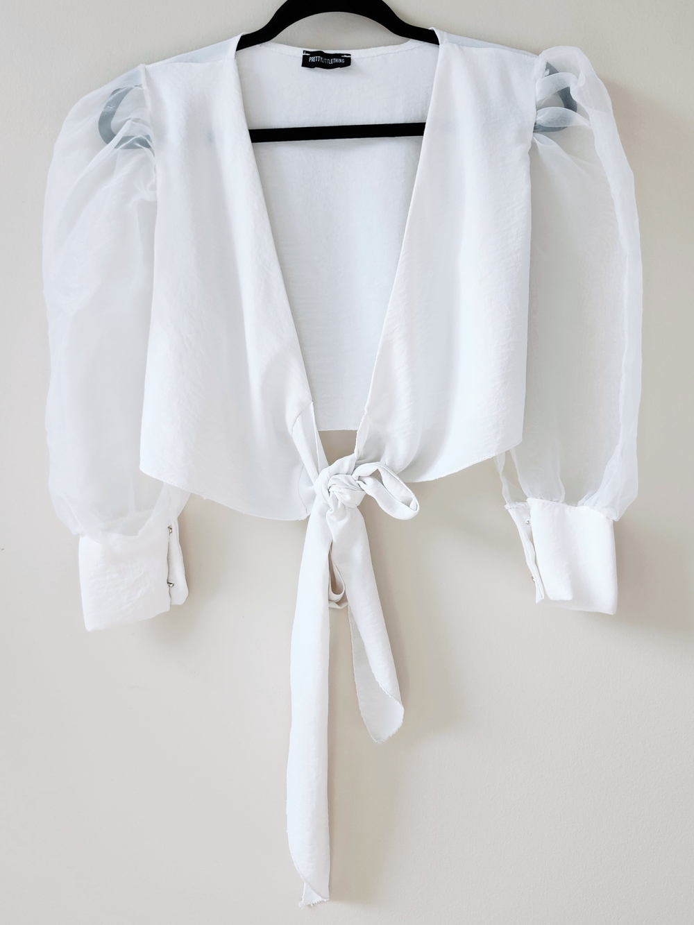 PrettyLittleThing White Sheer Puff Sleeve Tie-Front Crop Blouse